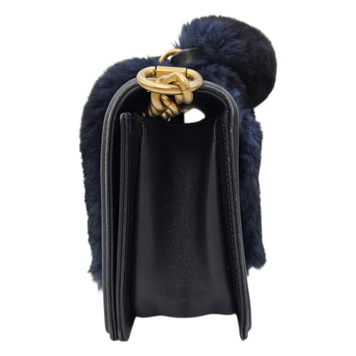 Le Boy with Top Handle Medium Blue Top Handle Bag in Orylag Rabbit Fur/Calfskin Gold hardware