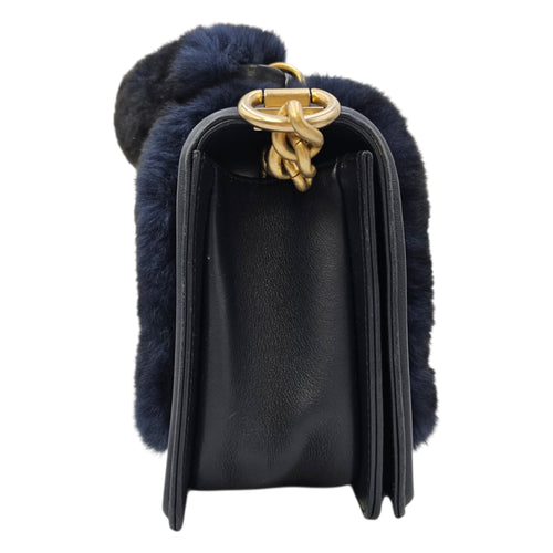 Le Boy with Top Handle Medium Blue Top Handle Bag in Orylag Rabbit Fur/Calfskin Gold hardware