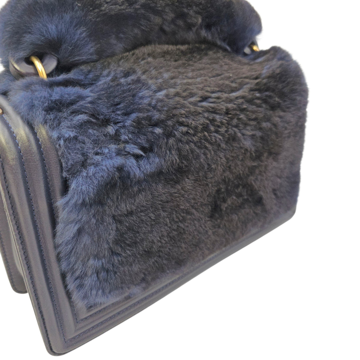 Le Boy with Top Handle Medium Blue Top Handle Bag in Orylag Rabbit Fur/Calfskin Gold hardware
