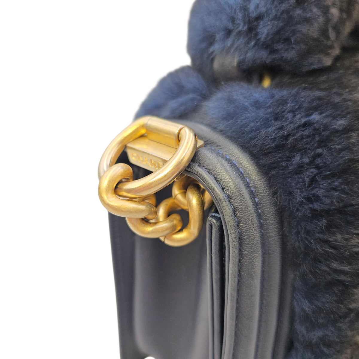 Le Boy with Top Handle Medium Blue Top Handle Bag in Orylag Rabbit Fur/Calfskin Gold hardware