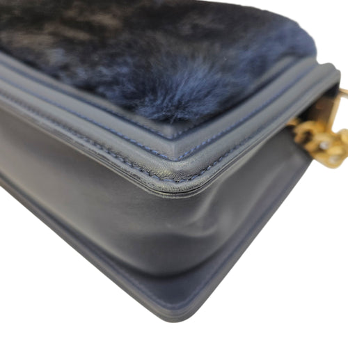 Le Boy with Top Handle Medium Blue Top Handle Bag in Orylag Rabbit Fur/Calfskin Gold hardware