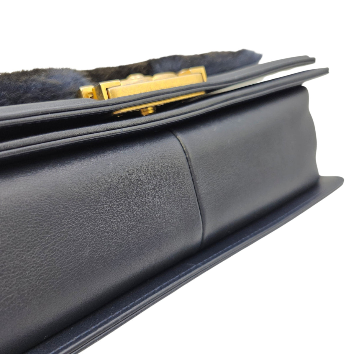 Le Boy with Top Handle Medium Blue Top Handle Bag in Orylag Rabbit Fur/Calfskin Gold hardware