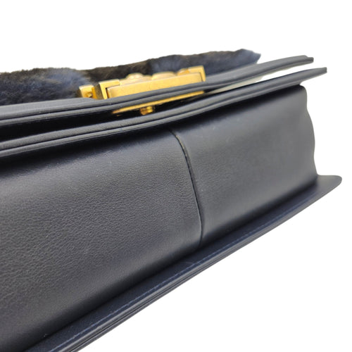 Le Boy with Top Handle Medium Blue Top Handle Bag in Orylag Rabbit Fur/Calfskin Gold hardware