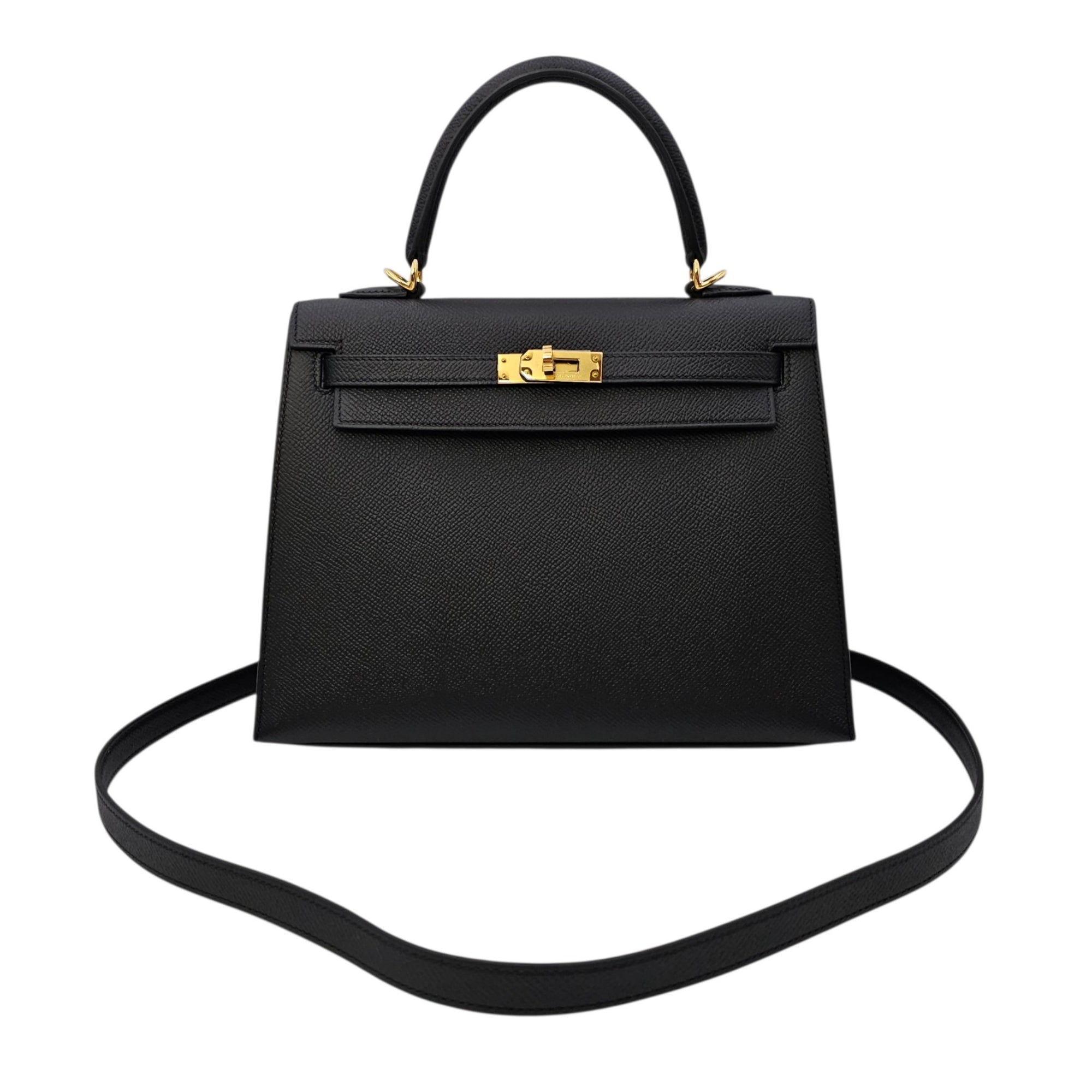 Sellier Kelly 25 Noir in Epsom Gold hardware