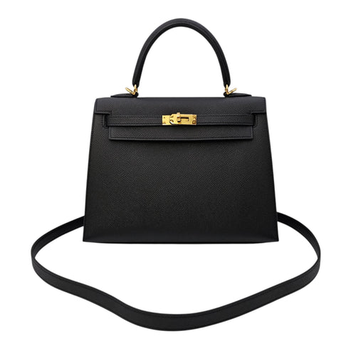 Sellier Kelly 25 Noir in Epsom Gold hardware