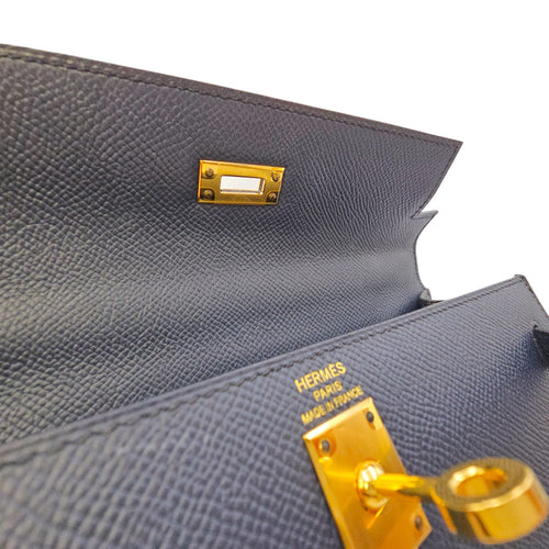 Sellier Kelly 25 Bleu Indigo in Epsom Gold hardware