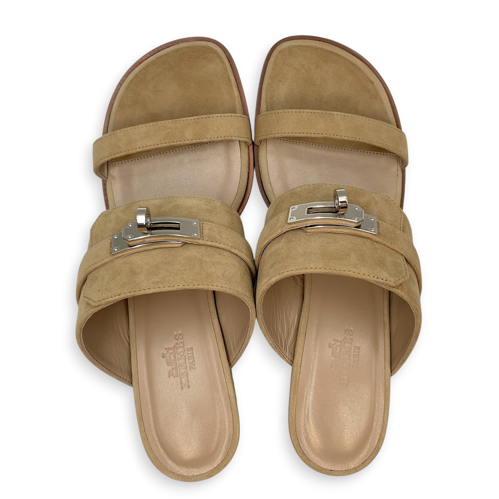 Ninon 50 37.5 Beige Camel Sandals in Suede Leather Palladium hardware