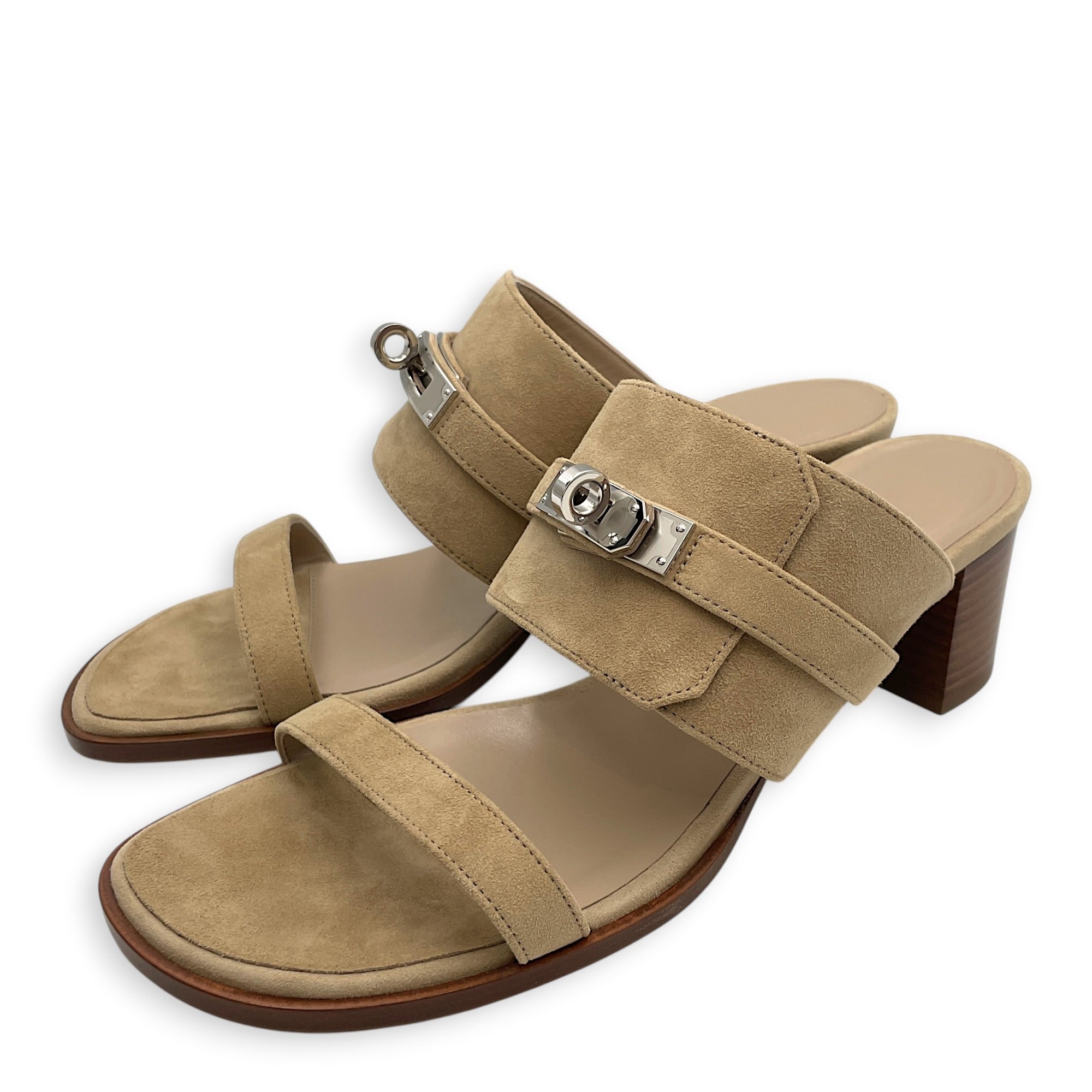 Ninon 50 37.5 Beige Camel Sandals in Suede Leather Palladium hardware