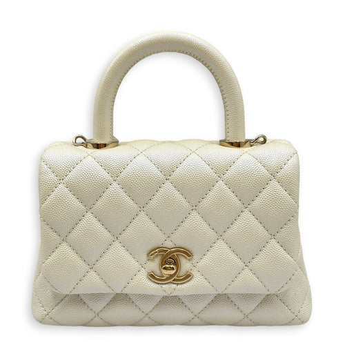 Mini Coco Top Handle Iridescent  Mini White Top Handle Bag in Caviar Leather Gold hardware