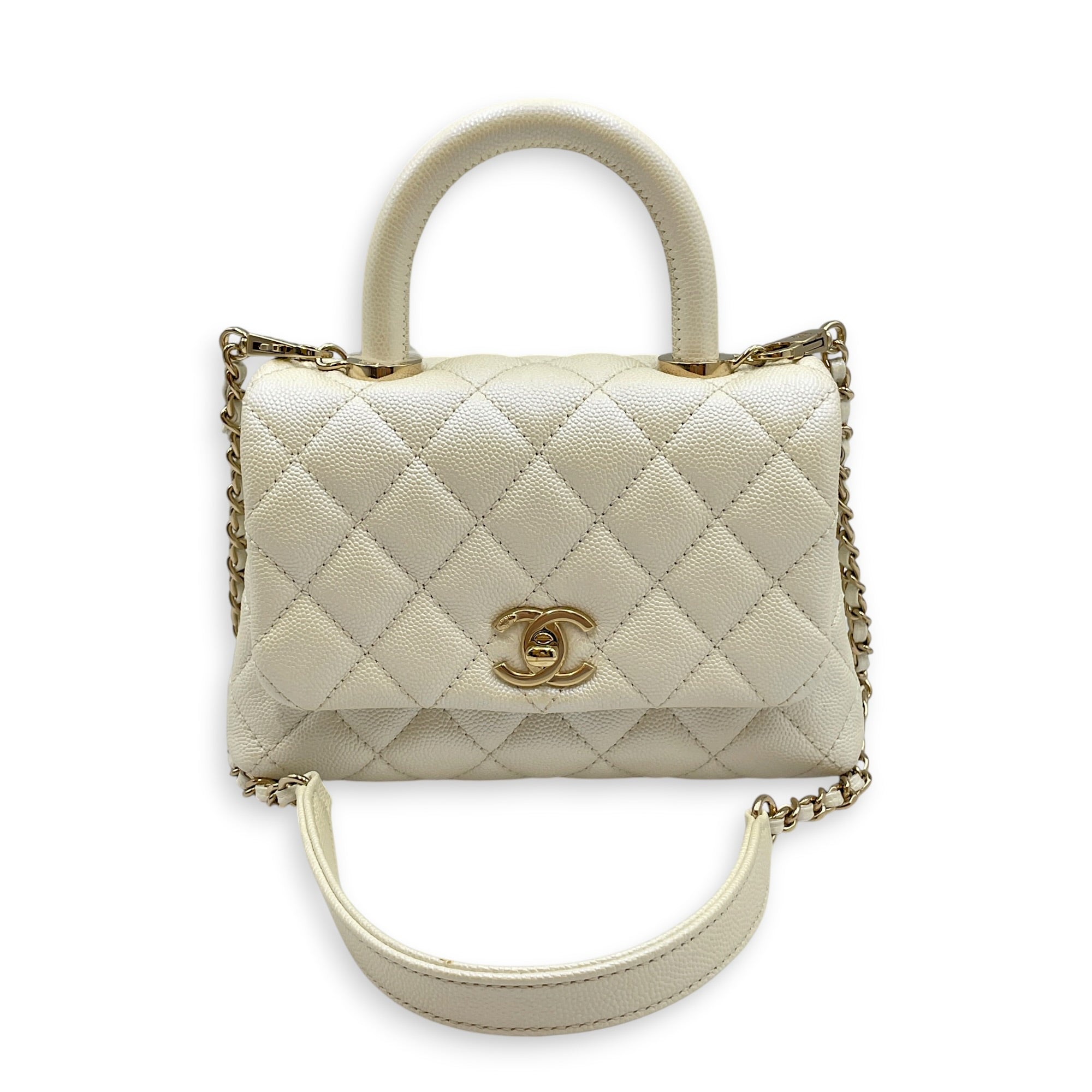 Mini Coco Top Handle Iridescent  Mini White Top Handle Bag in Caviar Leather Gold hardware