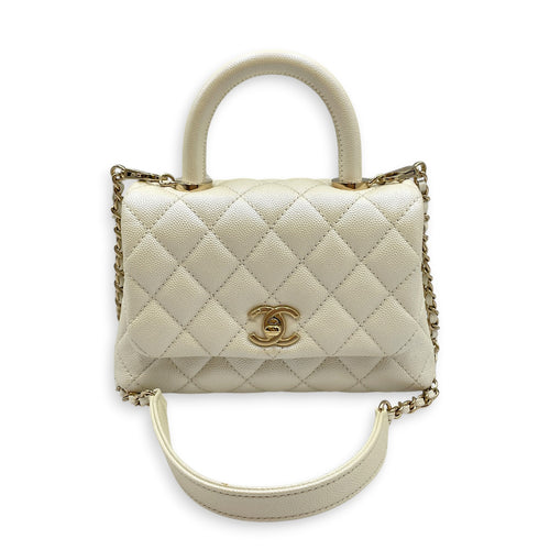 Mini Coco Top Handle Iridescent  Mini White Top Handle Bag in Caviar Leather Gold hardware