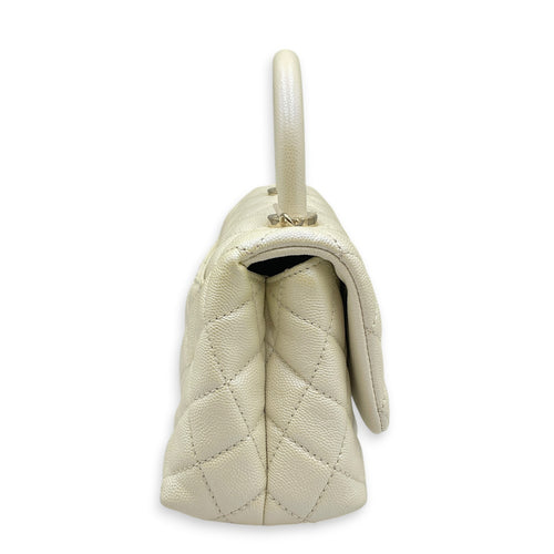 Mini Coco Top Handle Iridescent  Mini White Top Handle Bag in Caviar Leather Gold hardware