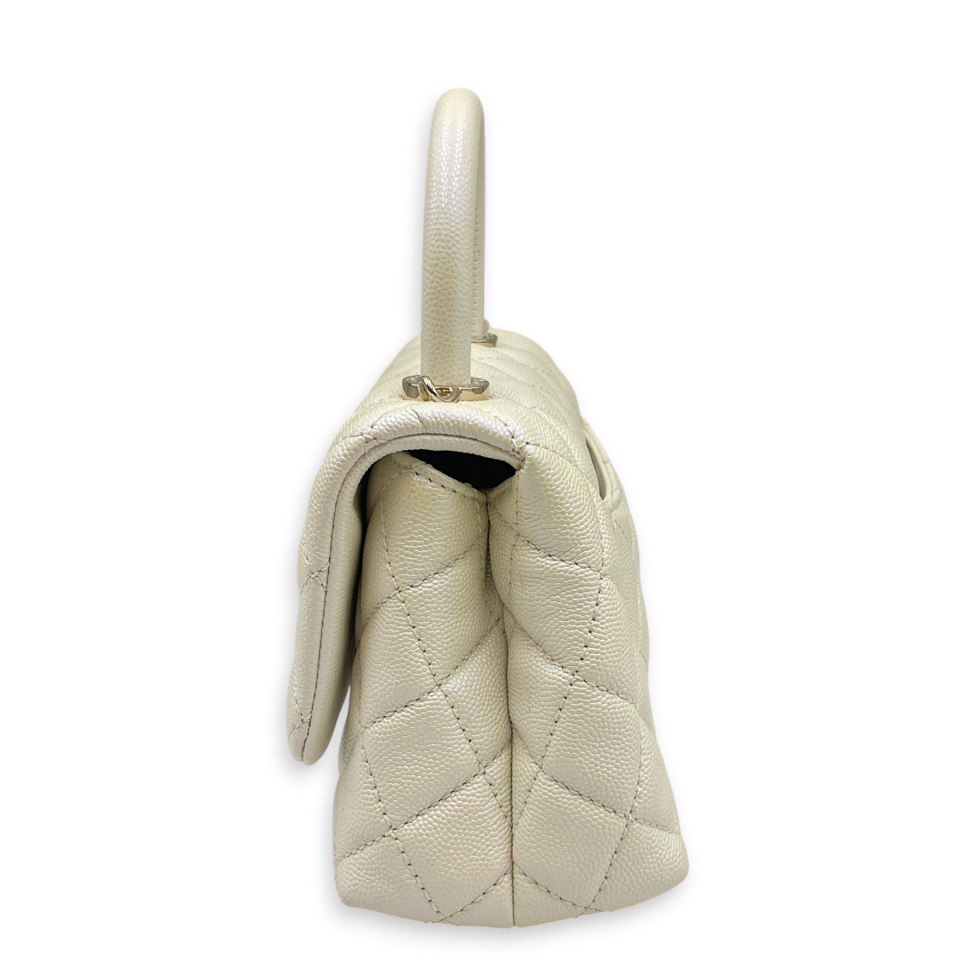 Mini Coco Top Handle Iridescent  Mini White Top Handle Bag in Caviar Leather Gold hardware