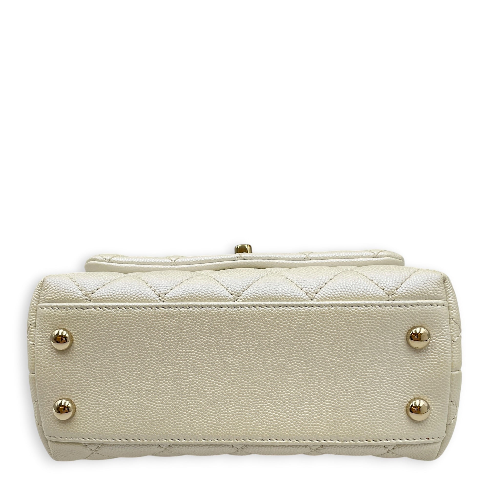 Mini Coco Top Handle Iridescent  Mini White Top Handle Bag in Caviar Leather Gold hardware
