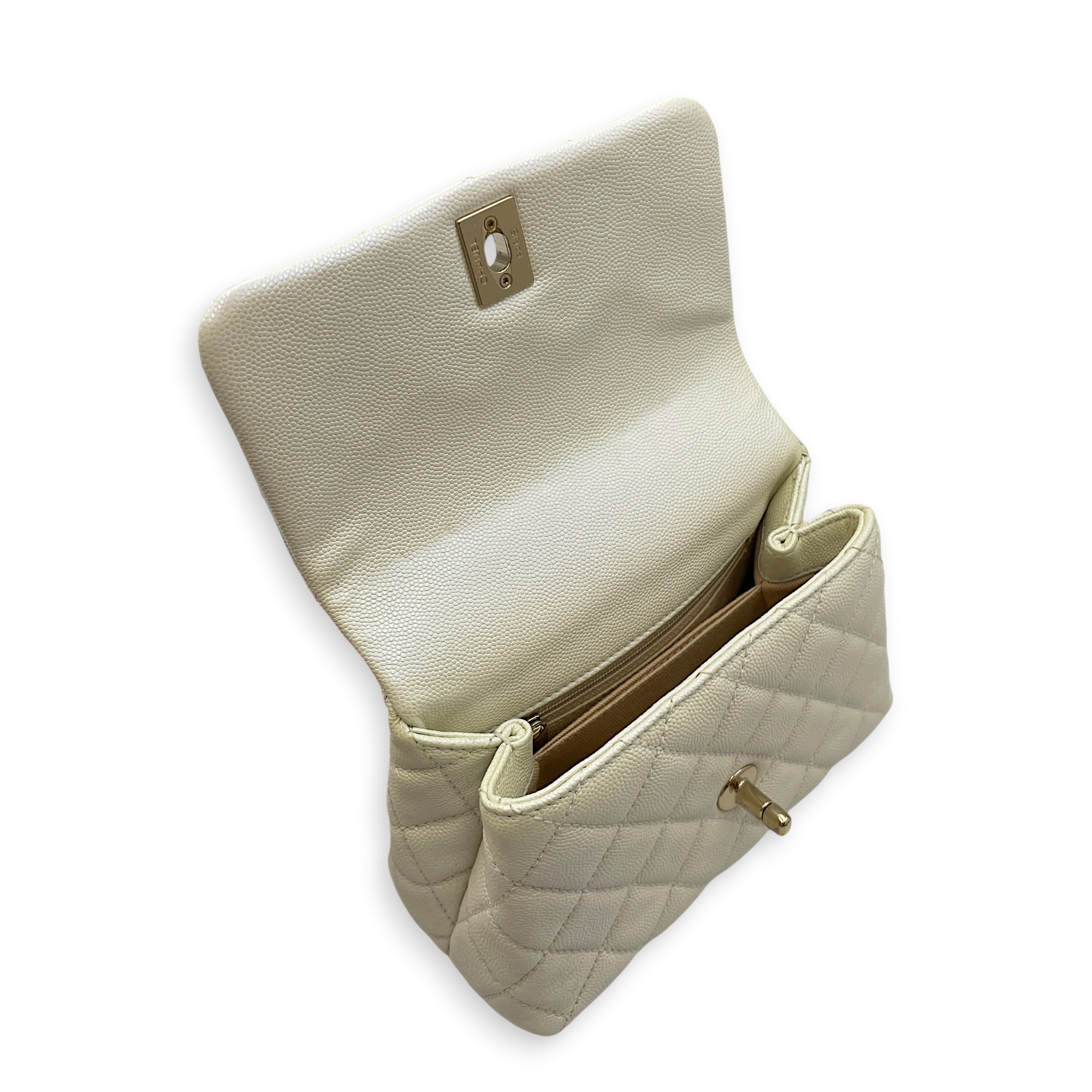 Mini Coco Top Handle Iridescent  Mini White Top Handle Bag in Caviar Leather Gold hardware