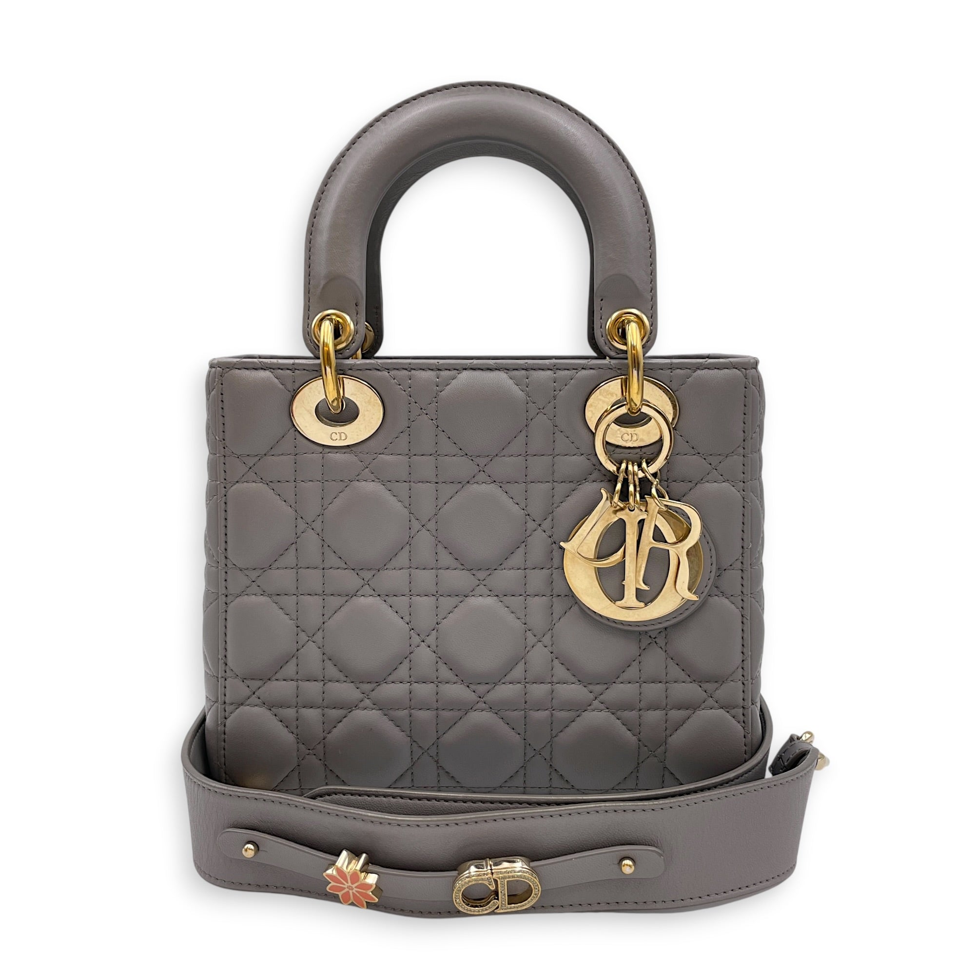 Lady Dior 20 Grey Top Handle Bag in Lambskin Gold hardware