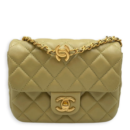 Mini Square Flap with CC Heart Charm Chain Strap  Mini Olive Green Crossbody Bag in Lambskin Gold hardware