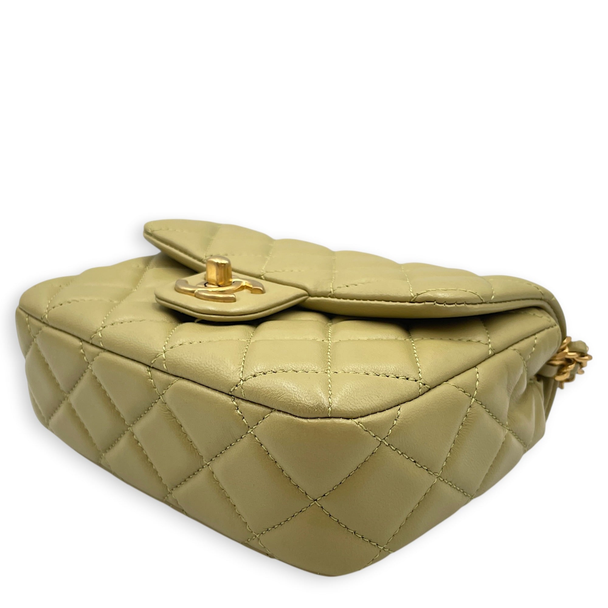 Mini Square Flap with CC Heart Charm Chain Strap  Mini Olive Green Crossbody Bag in Lambskin Gold hardware