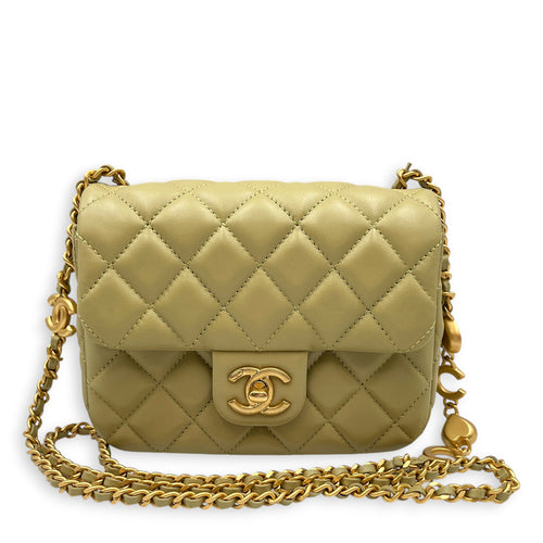 Mini Square Flap with CC Heart Charm Chain Strap  Mini Olive Green Crossbody Bag in Lambskin Gold hardware