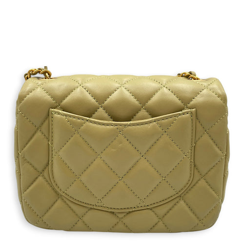 Mini Square Flap with CC Heart Charm Chain Strap  Mini Olive Green Crossbody Bag in Lambskin Gold hardware