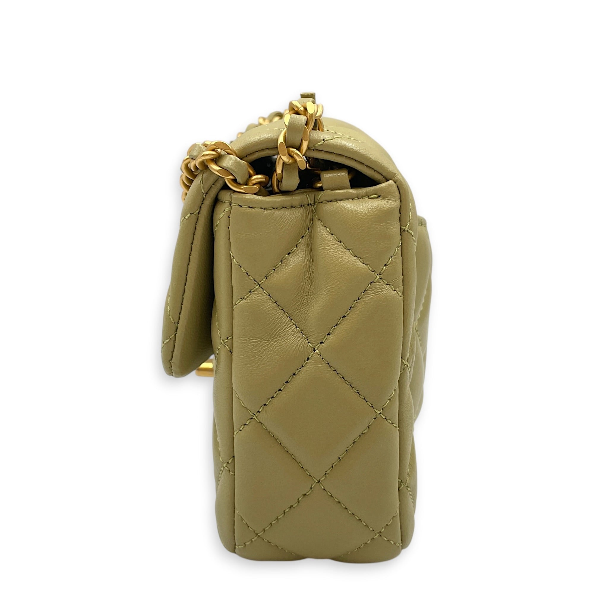 Mini Square Flap with CC Heart Charm Chain Strap  Mini Olive Green Crossbody Bag in Lambskin Gold hardware