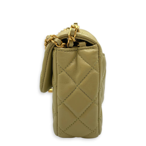Mini Square Flap with CC Heart Charm Chain Strap  Mini Olive Green Crossbody Bag in Lambskin Gold hardware