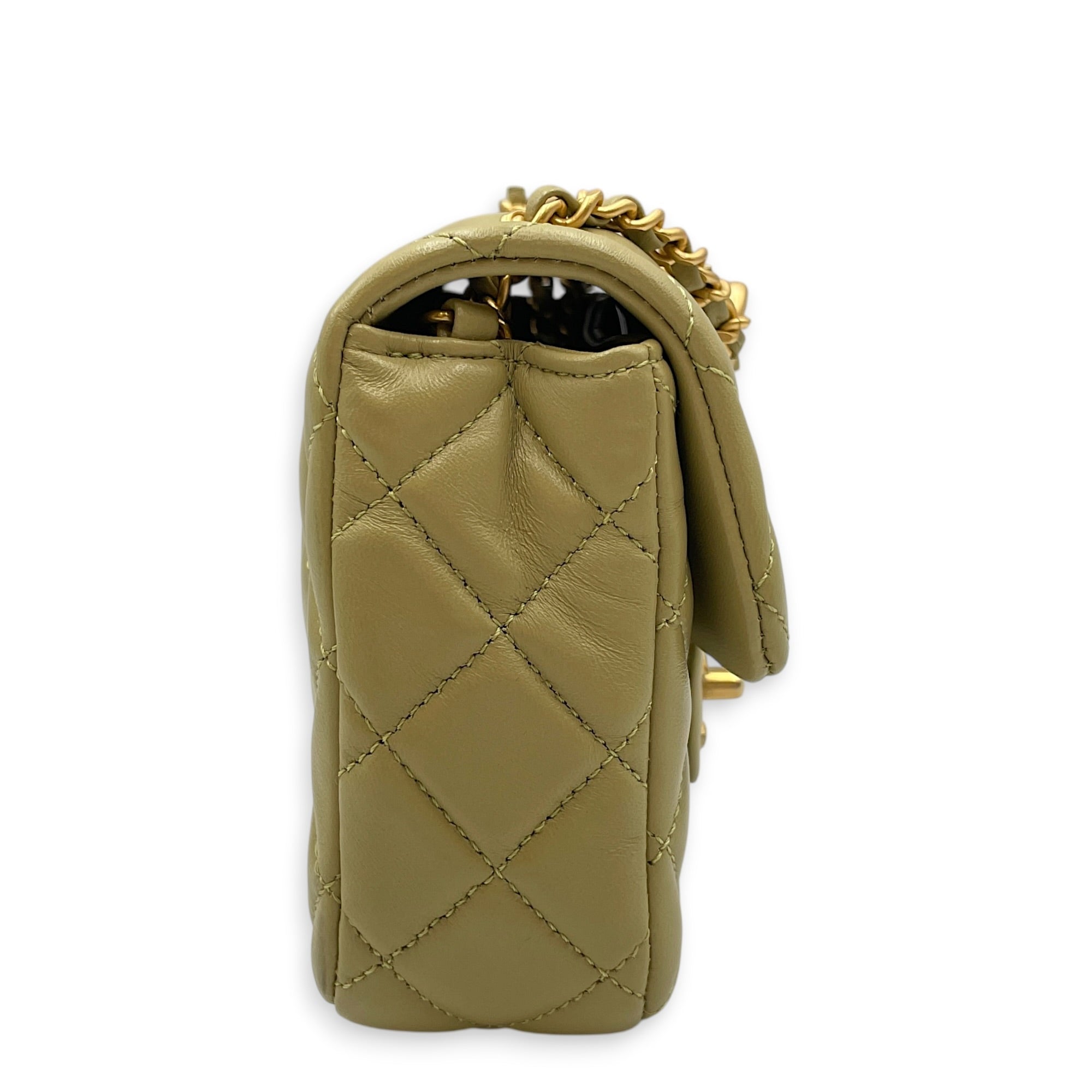 Mini Square Flap with CC Heart Charm Chain Strap  Mini Olive Green Crossbody Bag in Lambskin Gold hardware
