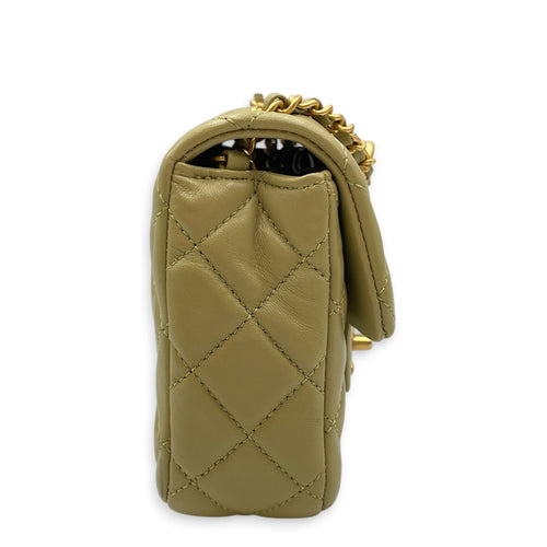 Mini Square Flap with CC Heart Charm Chain Strap  Mini Olive Green Crossbody Bag in Lambskin Gold hardware