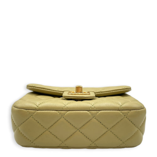 Mini Square Flap with CC Heart Charm Chain Strap  Mini Olive Green Crossbody Bag in Lambskin Gold hardware