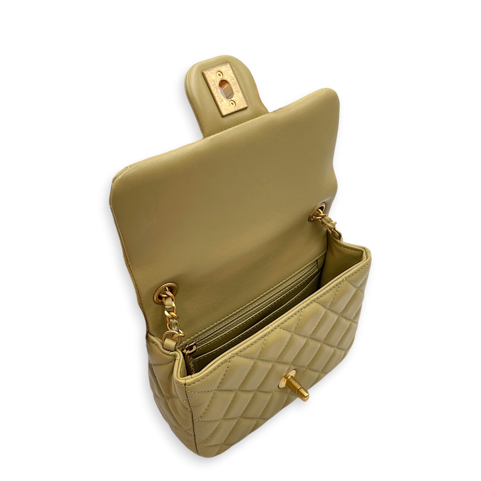 Mini Square Flap with CC Heart Charm Chain Strap  Mini Olive Green Crossbody Bag in Lambskin Gold hardware