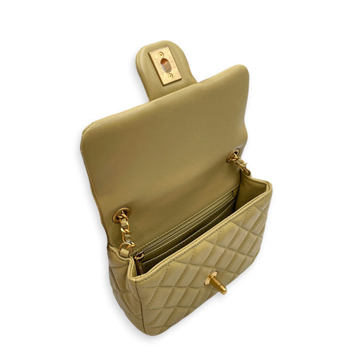 Mini Square Flap with CC Heart Charm Chain Strap  Mini Olive Green Crossbody Bag in Lambskin Gold hardware
