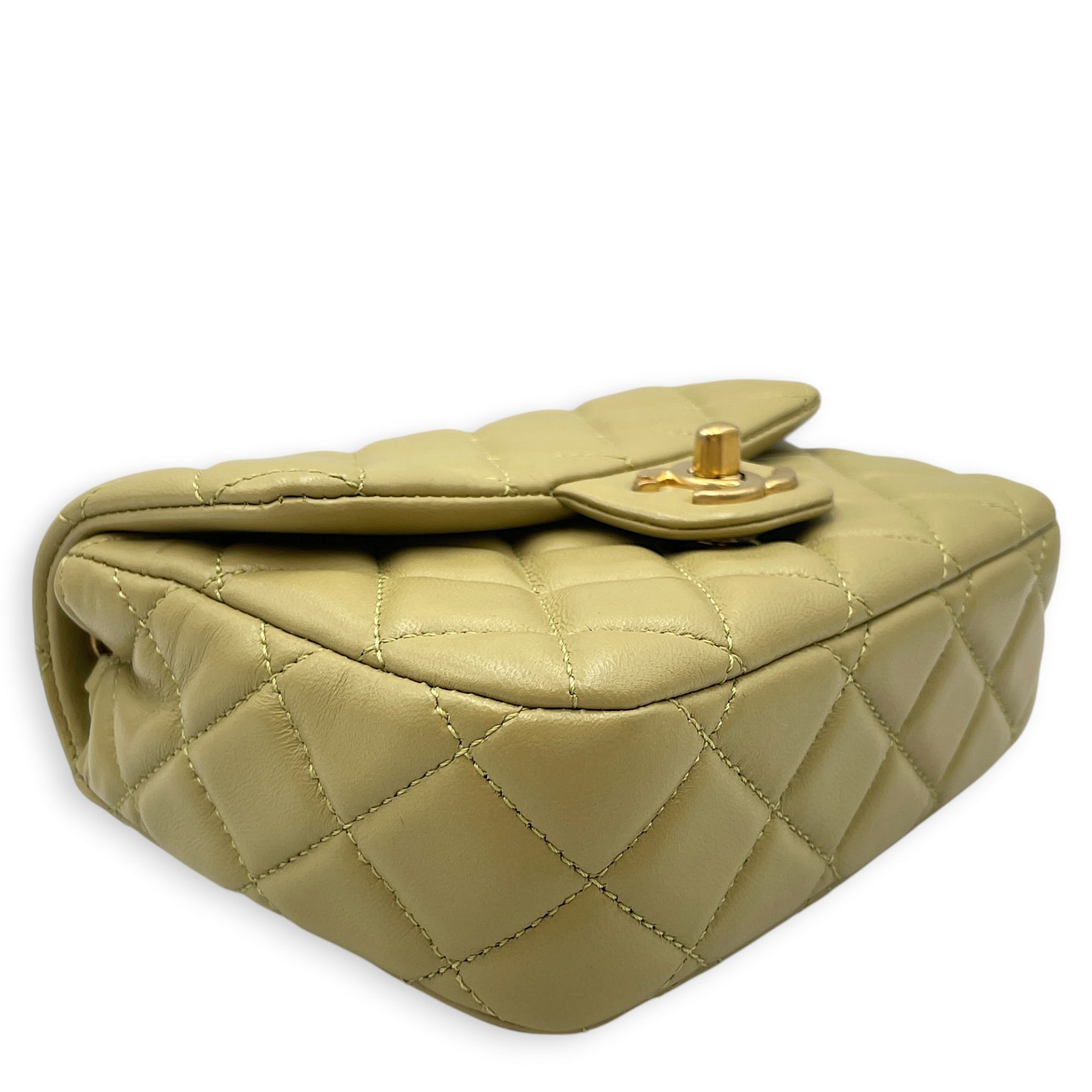 Mini Square Flap with CC Heart Charm Chain Strap  Mini Olive Green Crossbody Bag in Lambskin Gold hardware