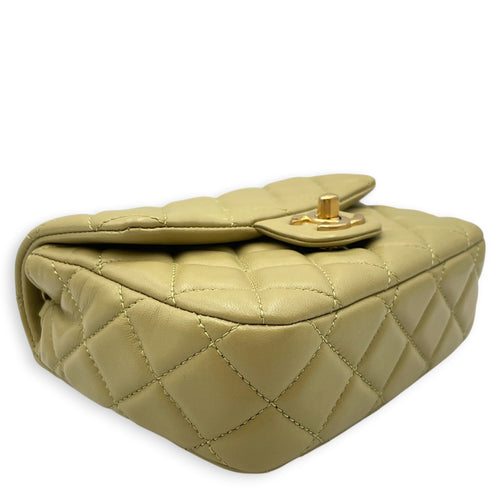 Mini Square Flap with CC Heart Charm Chain Strap  Mini Olive Green Crossbody Bag in Lambskin Gold hardware