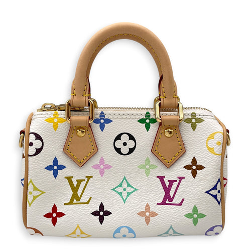 Speedy Nano  White Multicolore Top Handle Bag in Monogram Coated Canvas Gold hardware
