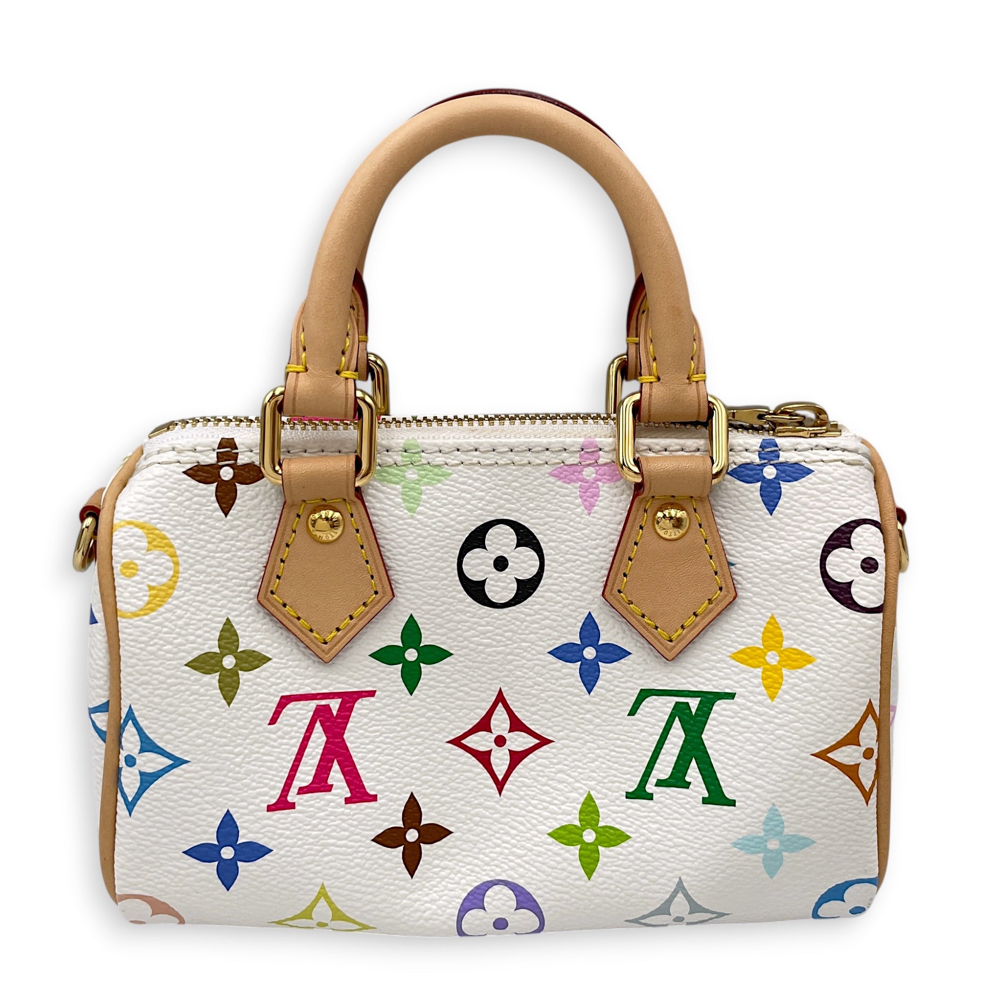 Speedy Nano  White Multicolore Top Handle Bag in Monogram Coated Canvas Gold hardware