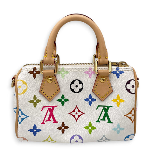 Speedy Nano  White Multicolore Top Handle Bag in Monogram Coated Canvas Gold hardware