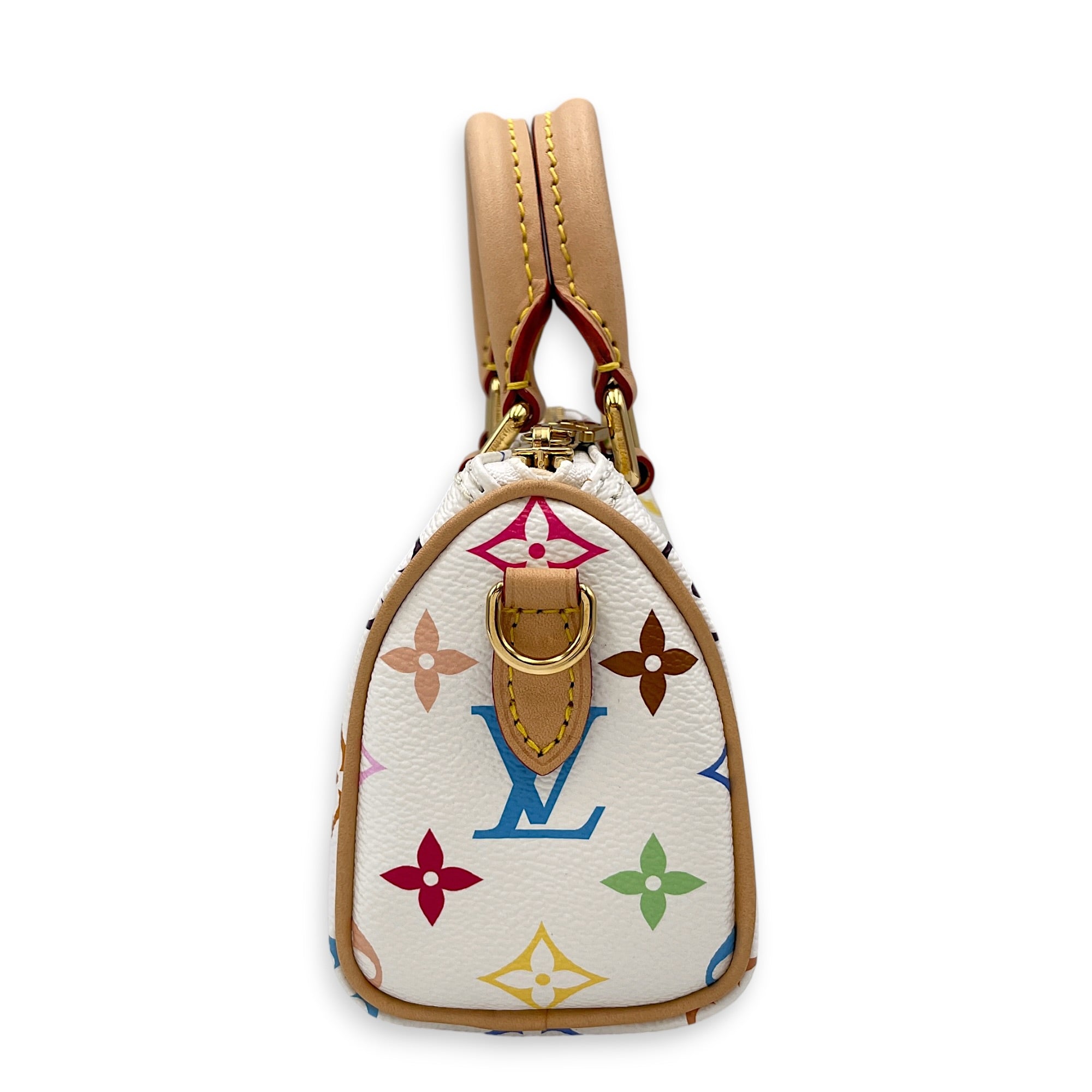 Speedy Nano  White Multicolore Top Handle Bag in Monogram Coated Canvas Gold hardware