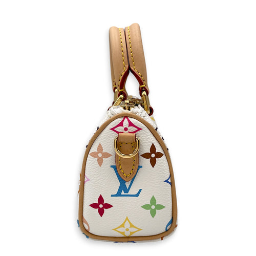 Speedy Nano  White Multicolore Top Handle Bag in Monogram Coated Canvas Gold hardware