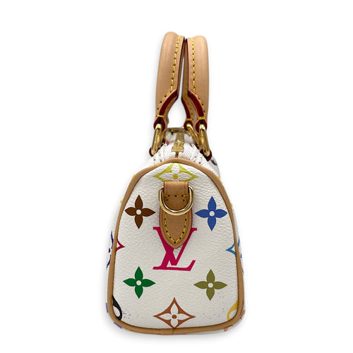 Speedy Nano  White Multicolore Top Handle Bag in Monogram Coated Canvas Gold hardware