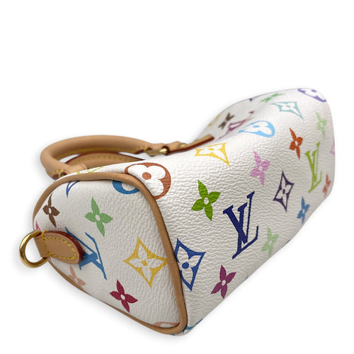 Speedy Nano  White Multicolore Top Handle Bag in Monogram Coated Canvas Gold hardware