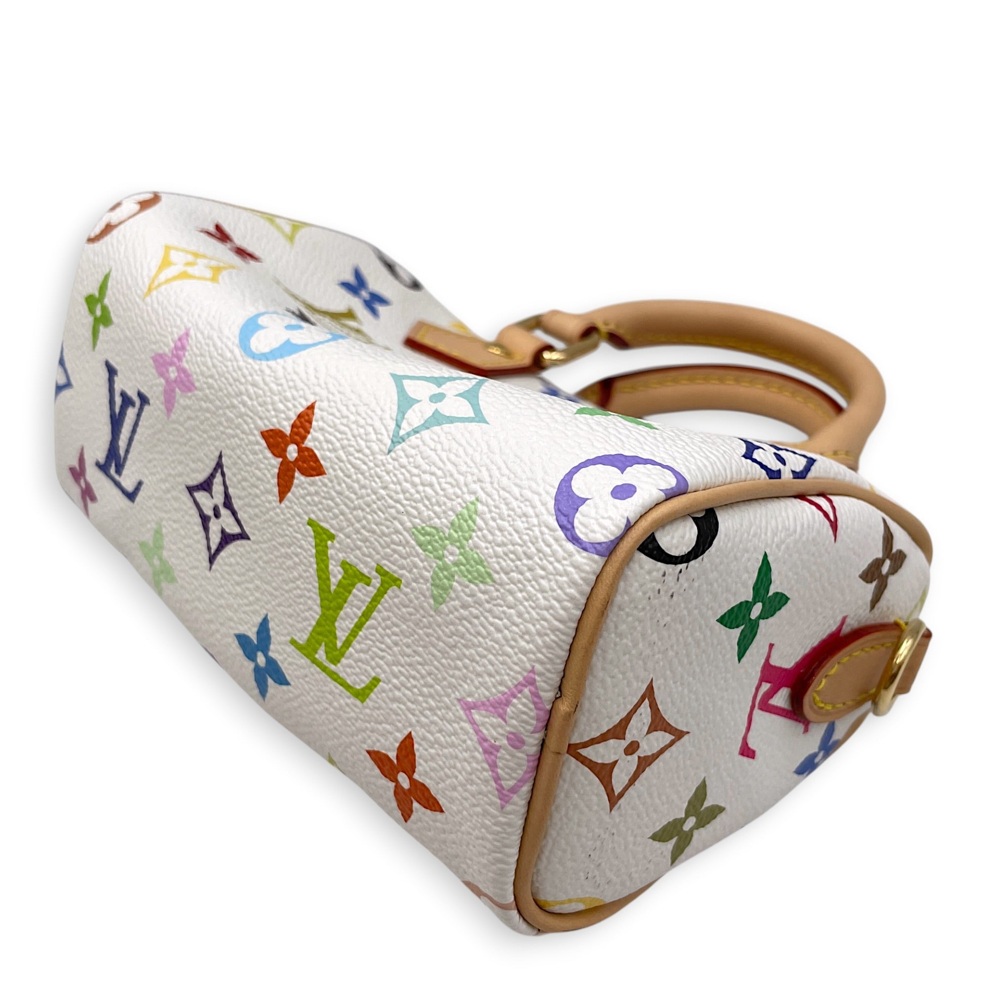 Speedy Nano  White Multicolore Top Handle Bag in Monogram Coated Canvas Gold hardware