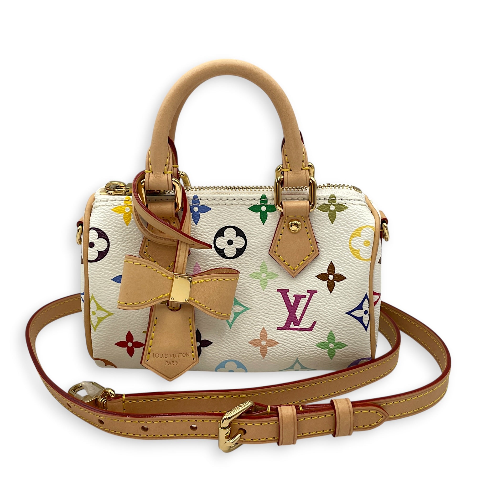 Speedy Nano  White Multicolore Top Handle Bag in Monogram Coated Canvas Gold hardware