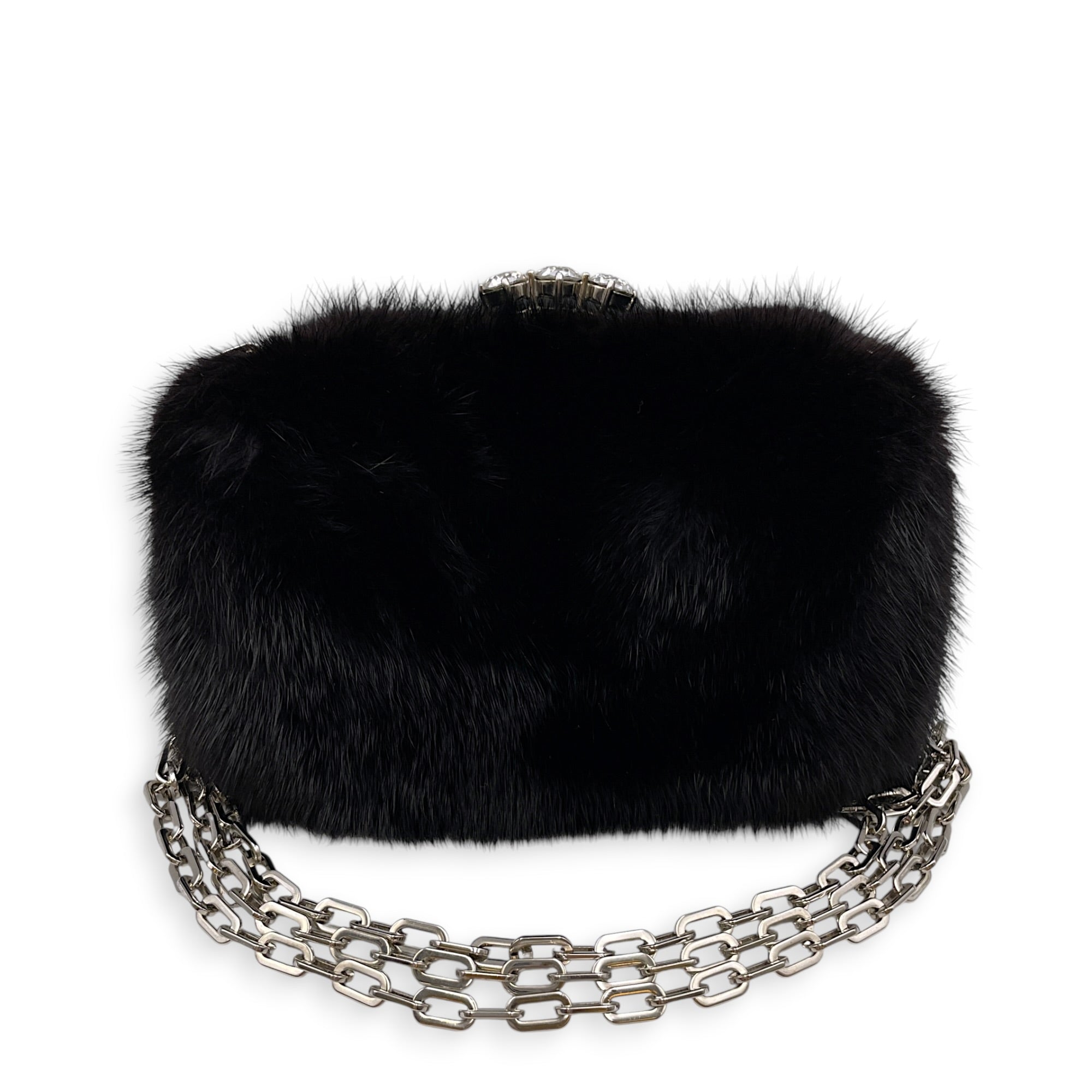 Faux-fur  Black Clutch Silver hardware
