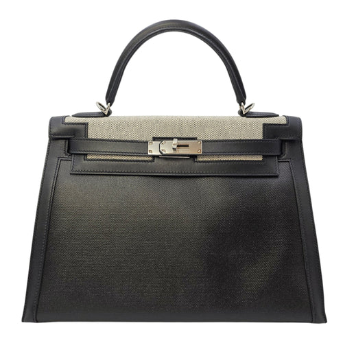 Sellier Kelly 32 Noir/Noir-Ecru in Swift/Toile h Berline Palladium hardware