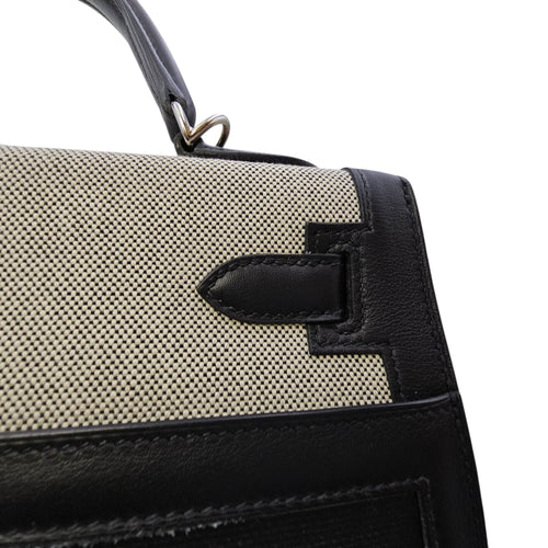 Sellier Kelly 32 Noir/Noir-Ecru in Swift/Toile h Berline Palladium hardware