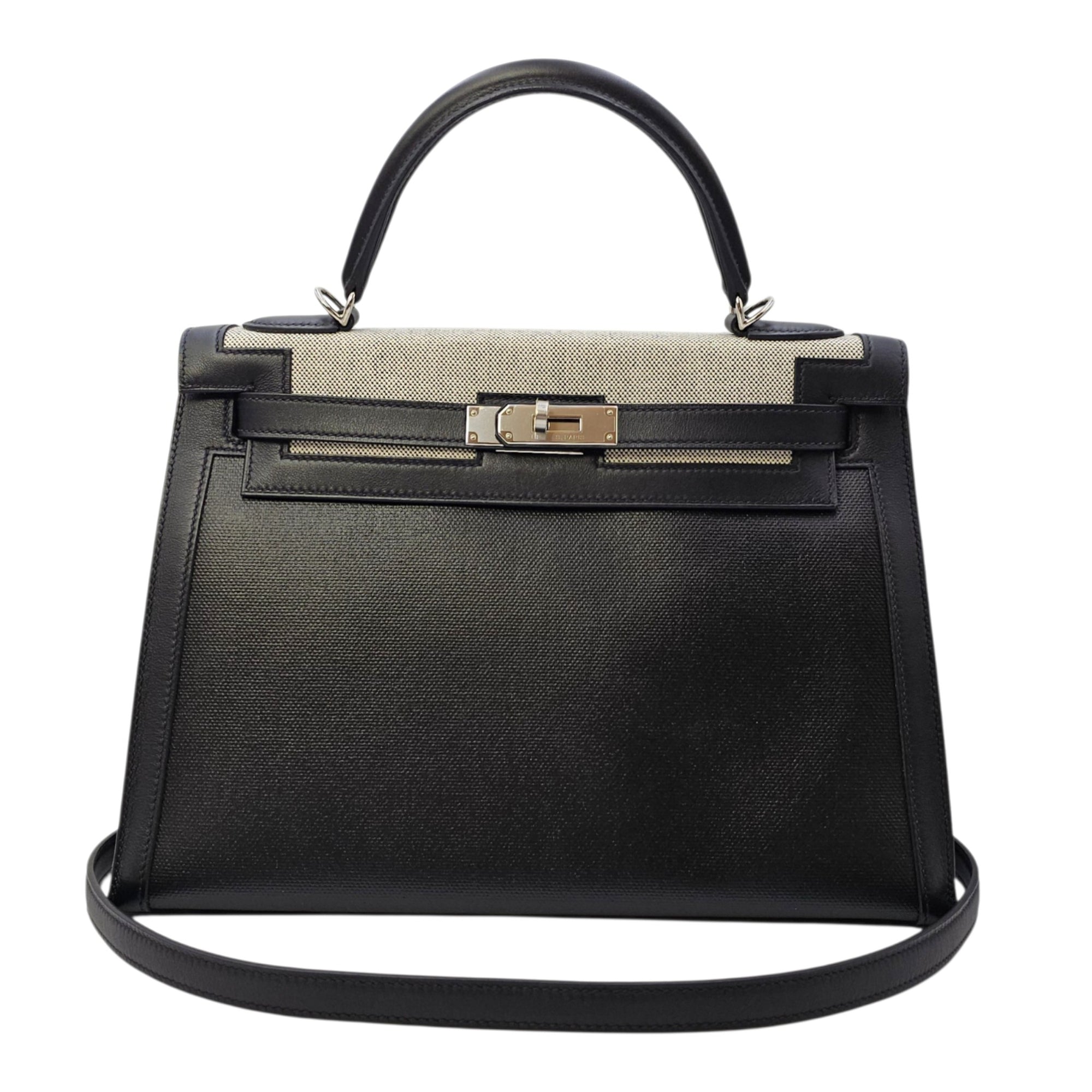 Sellier Kelly 32 Noir/Noir-Ecru in Swift/Toile h Berline Palladium hardware