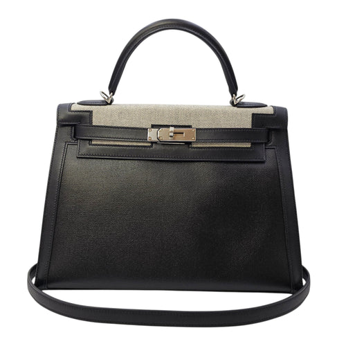 Sellier Kelly 32 Noir/Noir-Ecru in Swift/Toile h Berline Palladium hardware