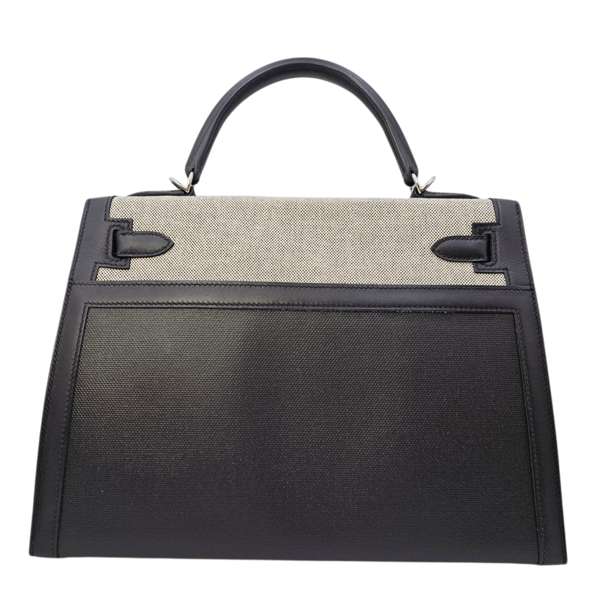 Sellier Kelly 32 Noir/Noir-Ecru in Swift/Toile h Berline Palladium hardware