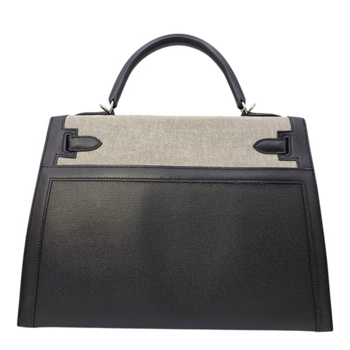Sellier Kelly 32 Noir/Noir-Ecru in Swift/Toile h Berline Palladium hardware