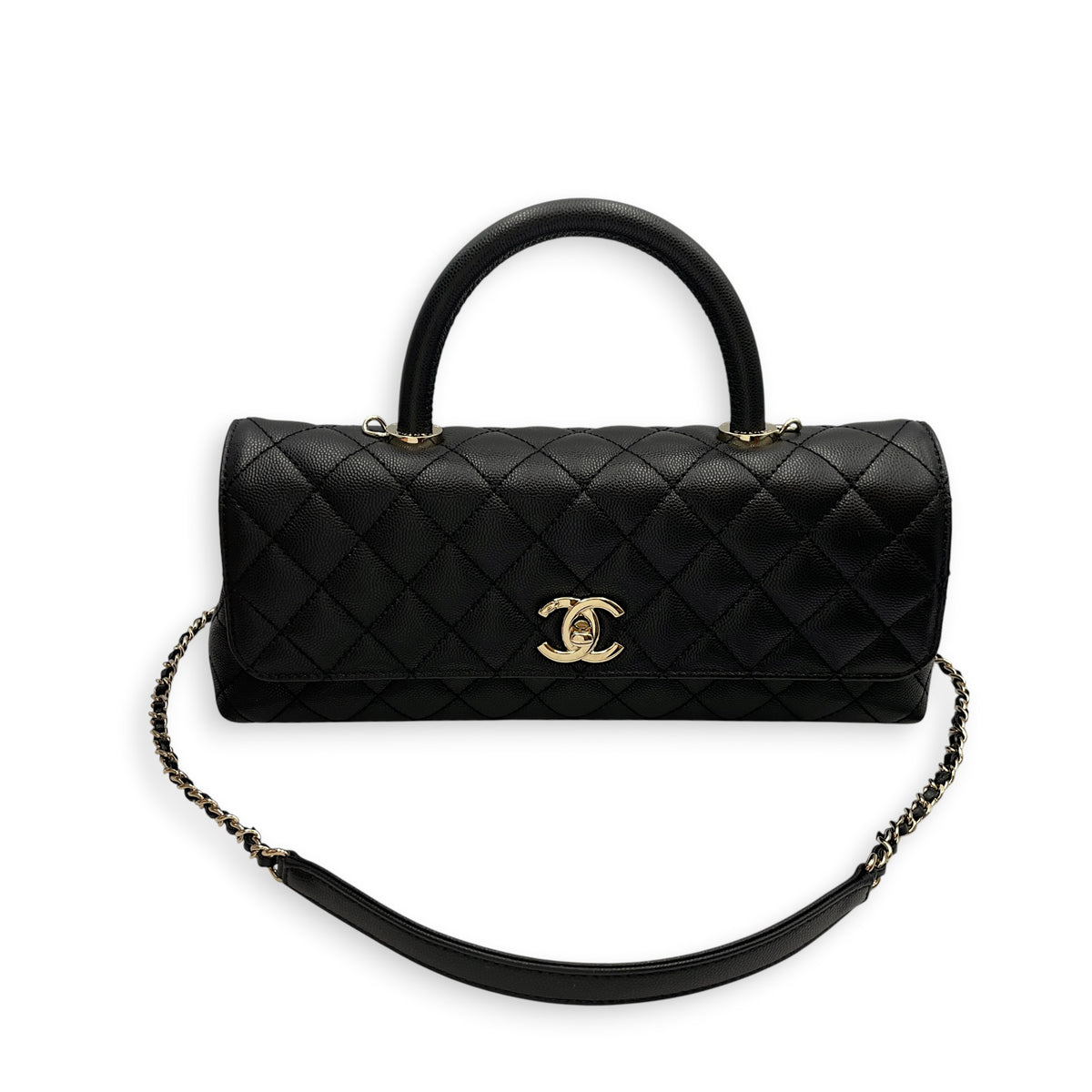 Coco Handle Quilted 30cm Black Top Handle Bag in Caviar Leather Gold hardware